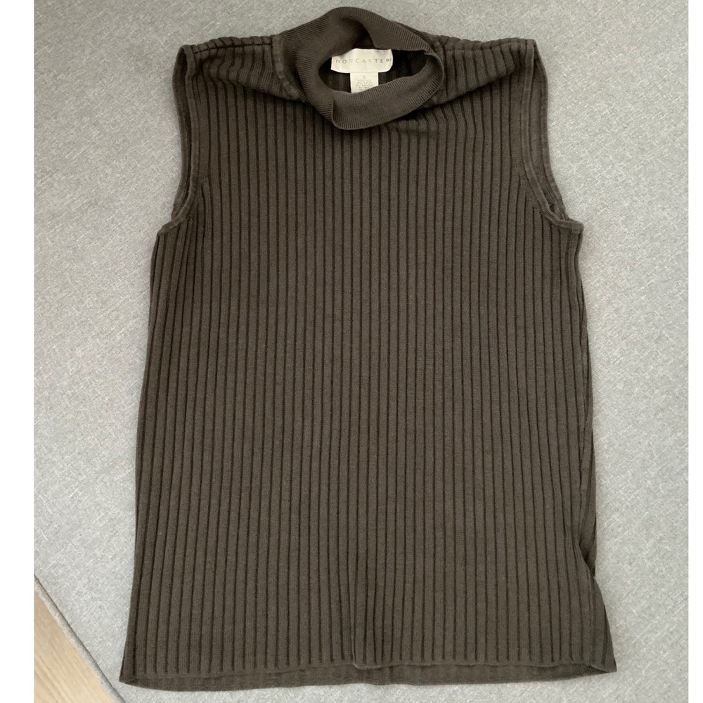 Doncaster Silk Blend Ribbed Sleeveless Turtleneck Top Olive Brown Small